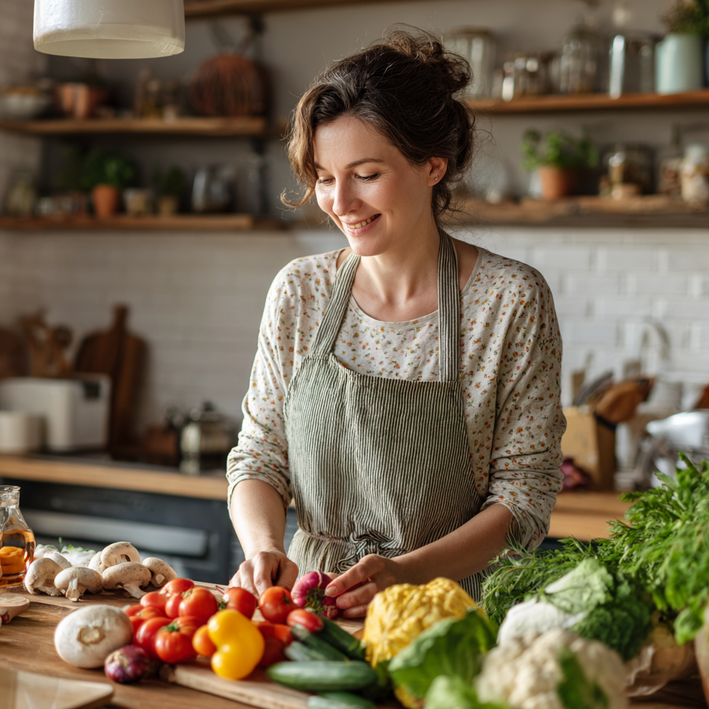 Relaxed Romanian woman in her 40s preparing fresh vegetables in a bright kitchen, smiling peacefully